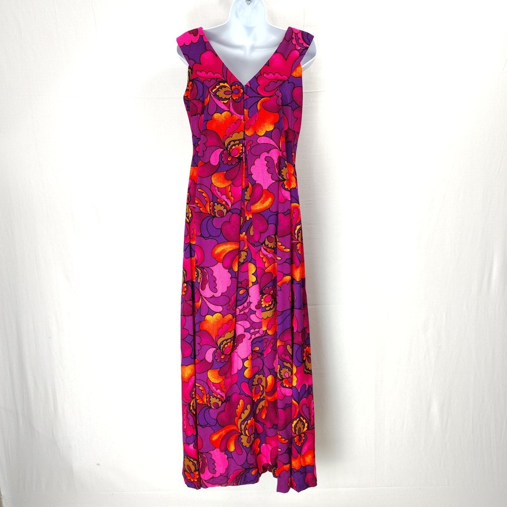 Hale Aloha Vintage Hawaiian Bark Cloth Day Glow Maxi Dress size XS-small - Picture 2 of 11